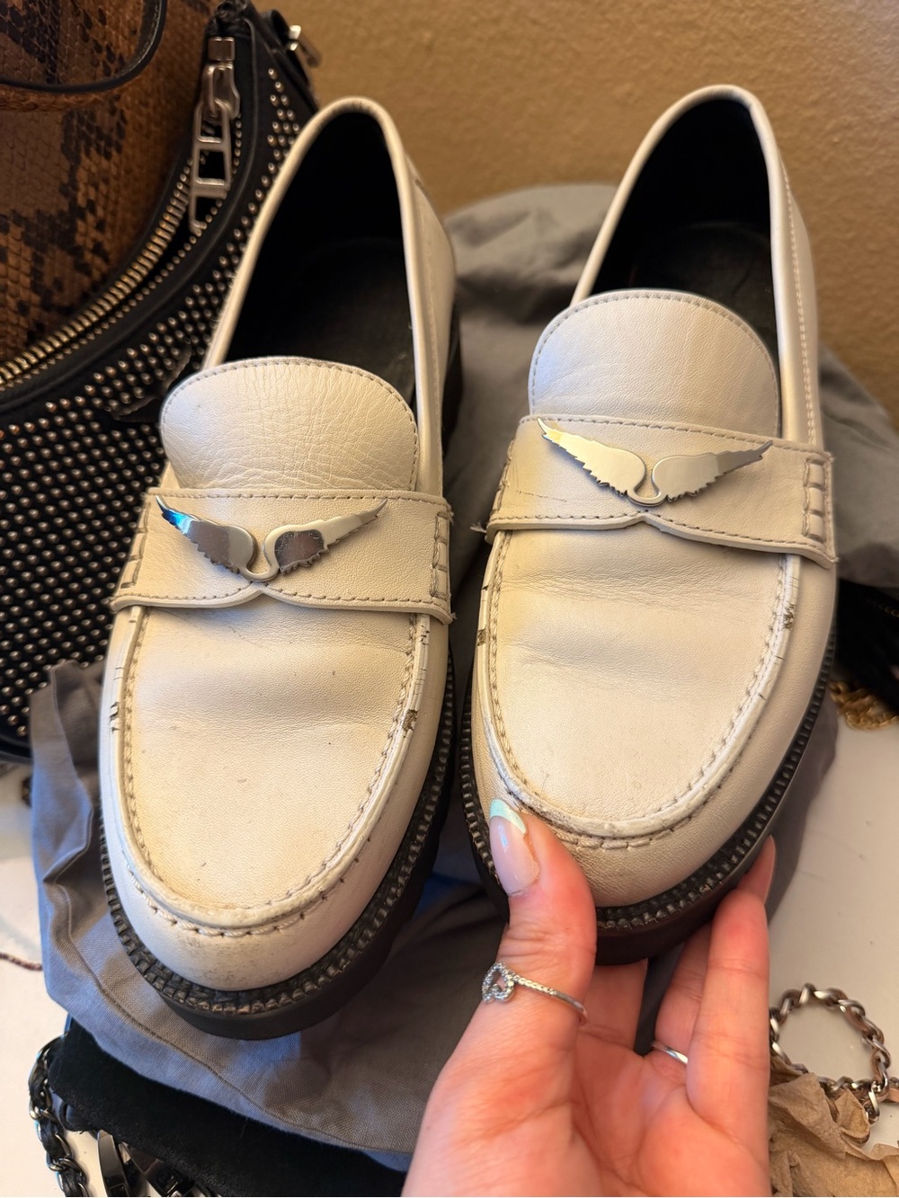 Zadig & Voltaire Cream Leather Loafers with Silver Wing Accent